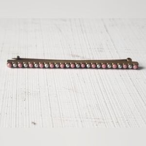 Vintage Victorian Style Gold Tone Bar Brooch With Pink And White Seed Pearls
